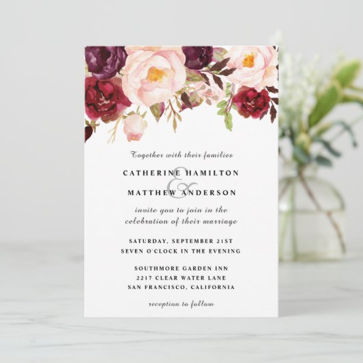 Hochzeit in Burgund und Rosa Einladung (Stehend Vorderseite)