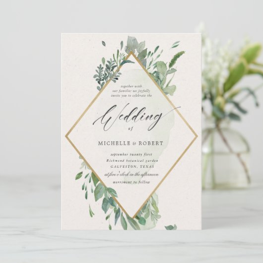 Hochzeit in edlem goldfarbenem Grün Einladung (Stehend Vorderseite)