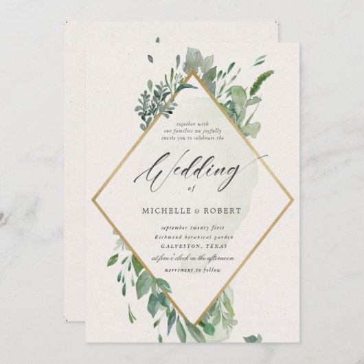 Hochzeit in edlem goldfarbenem Grün Einladung (Vorne/Hinten)