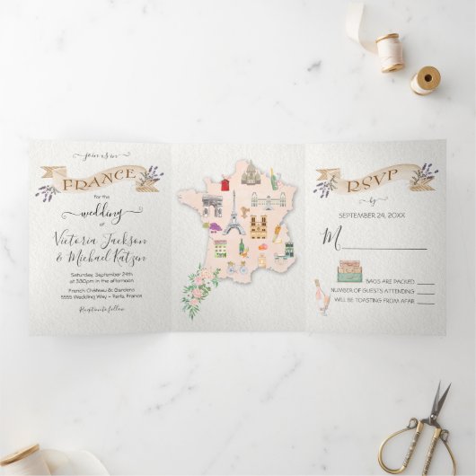 Hochzeit in Frankreich Tri-Fold Einladung (Innenseite)