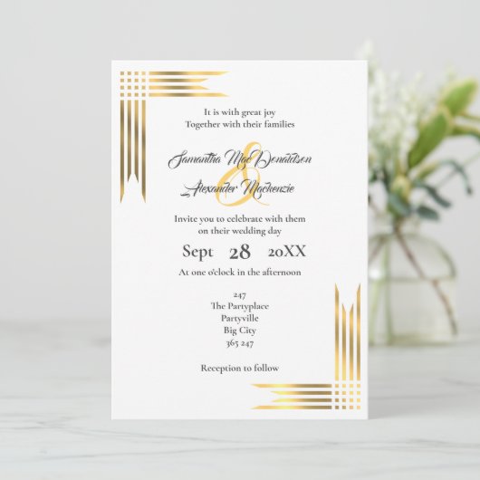Hochzeit in Gold und Weiß Einladung (Stehend Vorderseite)