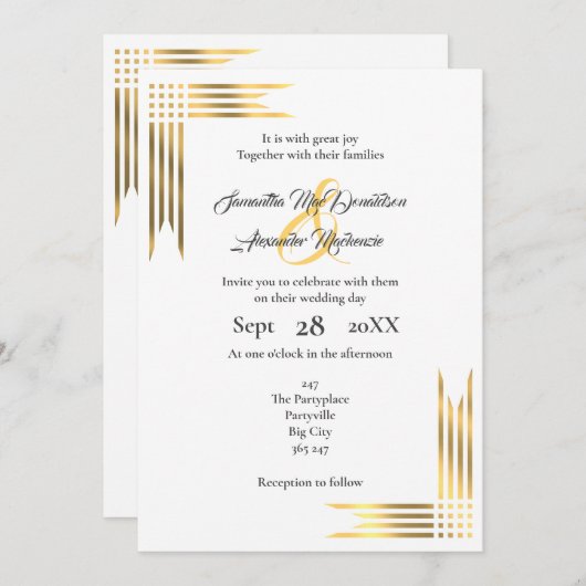 Hochzeit in Gold und Weiß Einladung (Vorne/Hinten)