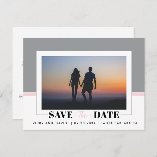 Hochzeit in Grau und Rosa speichern Sie das Date-F Postkarte (Vorne/Hinten)