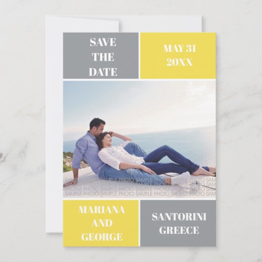 Hochzeit in grauen und gelben Farbblöcken Save the Save The Date (Vorderseite)