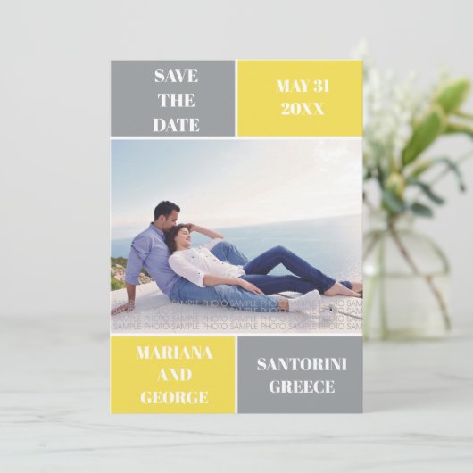 Hochzeit in grauen und gelben Farbblöcken Save the Save The Date (Stehend Vorderseite)