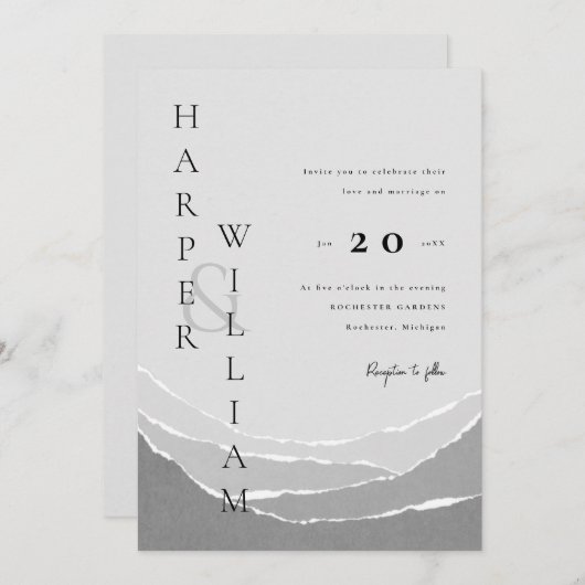 Hochzeit in grauen zerrissenen Papierbergen Einladung (Vorne/Hinten)