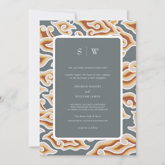 Hochzeit in Gray & Gold Waves Monogram Einladung (Vorderseite)