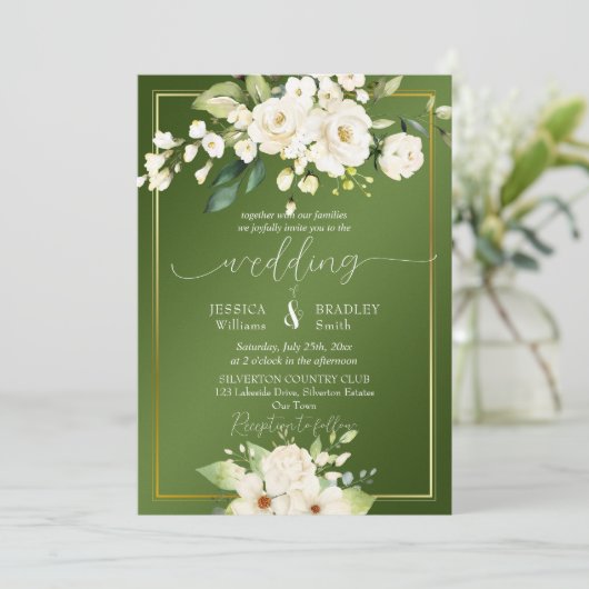 Hochzeit in grüner Weiß Einladung (Stehend Vorderseite)