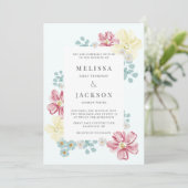 Hochzeit in hellblau und Blume Einladung (Stehend Vorderseite)