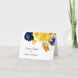 Hochzeit in Hellgold und Marineblau mit Blumenmust Dankeskarte