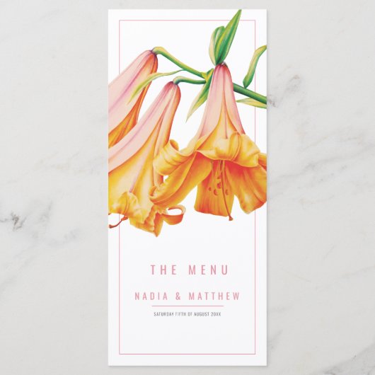 Hochzeit in Lily-orange-Pfirsichfarben Menükarte (Rückseite)