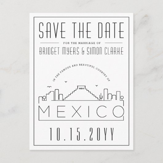 Hochzeit in Mexiko Save the Date Skyline Postkarte (Vorderseite)