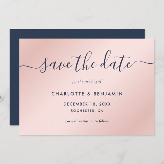 Hochzeit in Navy Blue und Blush Modern Script Save The Date (Vorne/Hinten)