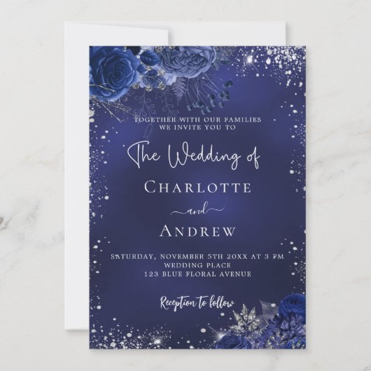 Hochzeit in Navy-Silber-Blume Einladung (Vorderseite)