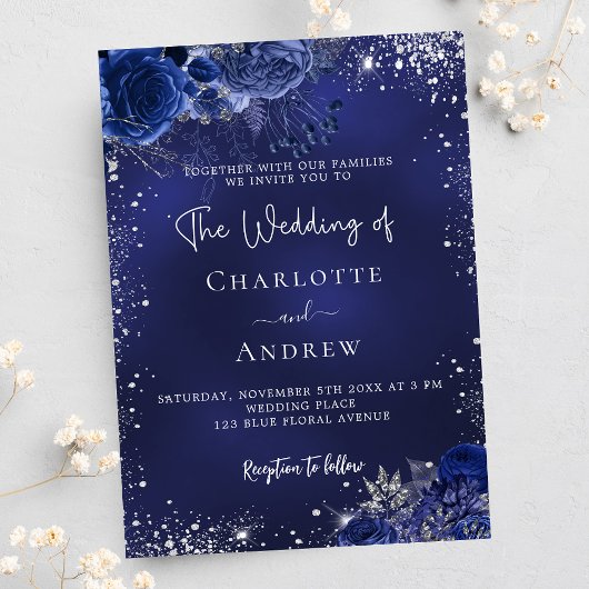 Hochzeit in Navy-Silber-Blume Einladung