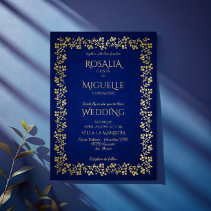 Hochzeit in Navy und Gold an der Vintagen Blumengr Einladung