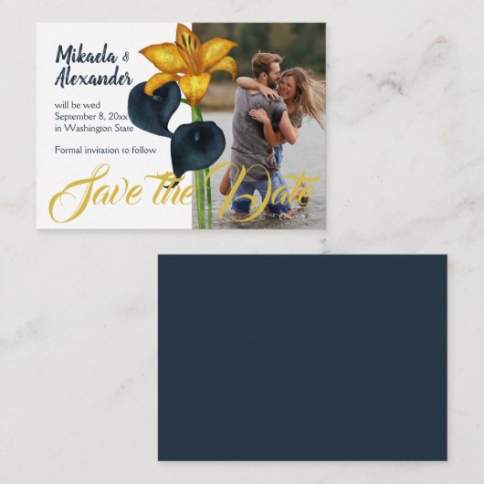 Hochzeit in Navy und Gold Rett-the-Date Hinweiskarte (Vorne/Hinten)