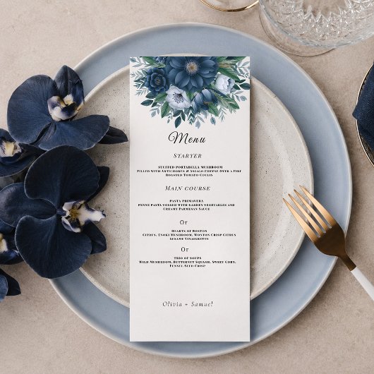Hochzeit in Navy und Hellblau Menükarte