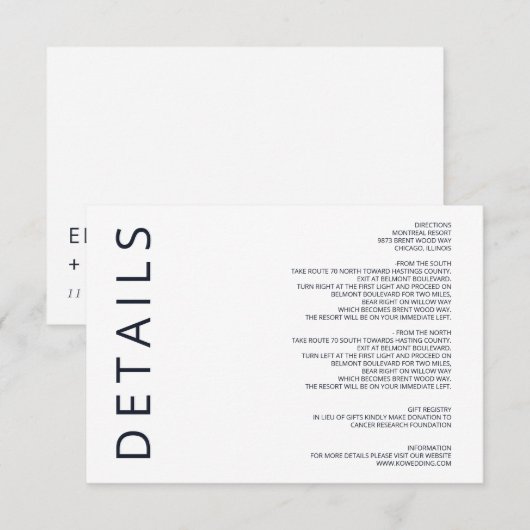 Hochzeit in Navy und White Elegante Moderne Minima Begleitkarte (Vorne/Hinten)