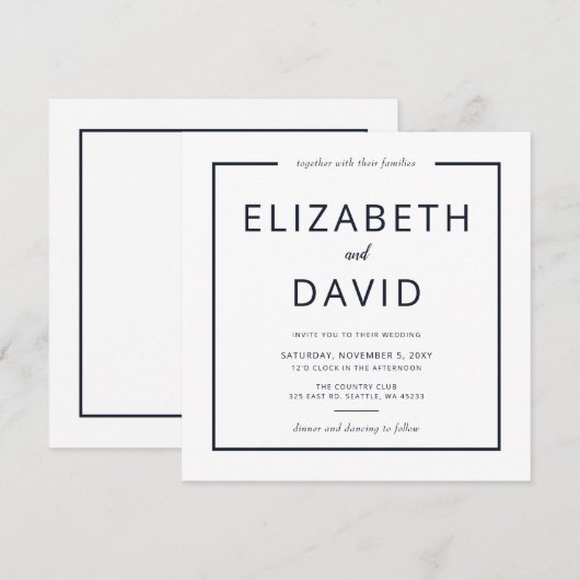 Hochzeit in Navy und White Elegante Moderne Minima Einladung (Vorne/Hinten)