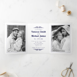 Hochzeit in Navy Vintage Elemente und Typografie Dreifach Gefaltete Einladung