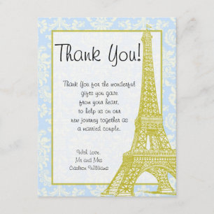Hochzeit in Paris Blau Damast Flach Danke Karte
