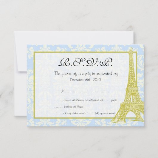 Hochzeit in Paris Blue Damask RSVP Card Einladung (Vorderseite)