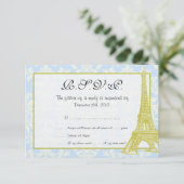 Hochzeit in Paris Blue Damask RSVP Card Einladung (Stehend Vorderseite)