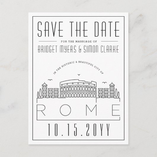 Hochzeit in Rom | Stilisierte Skyline Save the Dat Postkarte (Vorderseite)