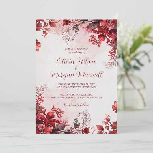 Hochzeit in Rosa und Rot-Flora Einladung (Stehend Vorderseite)