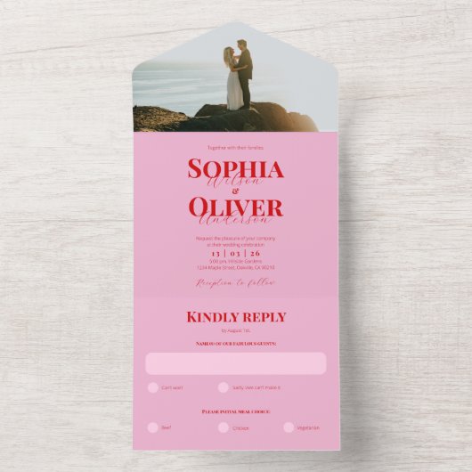 Hochzeit in Rosa und Rot Foto All In One Einladung (Innen Boden)