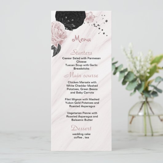 Hochzeit in Rosa und Schwarz Menükarte (Stehend Vorderseite)