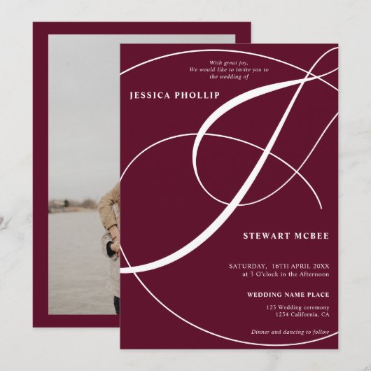 Hochzeit in Rot-Bordeaux-Foto Einladung (Vorne/Hinten)