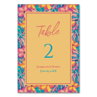 Hochzeit in tropischem Rosa und Gelb Tischnummer
