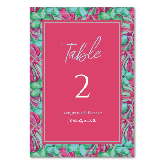 Hochzeit in tropischem Rosa und grüner Flora Tischnummer (Vorderseite)