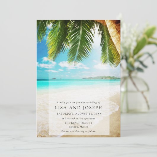 Hochzeit in Urlaubsort am Strand Einladung (Stehend Vorderseite)