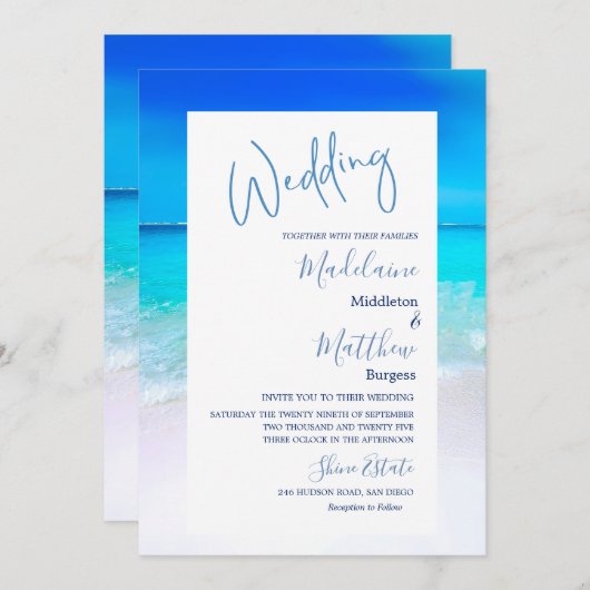 Hochzeit in Urlaubsort Beach Ocean Blue Modern Einladung (Vorne/Hinten)