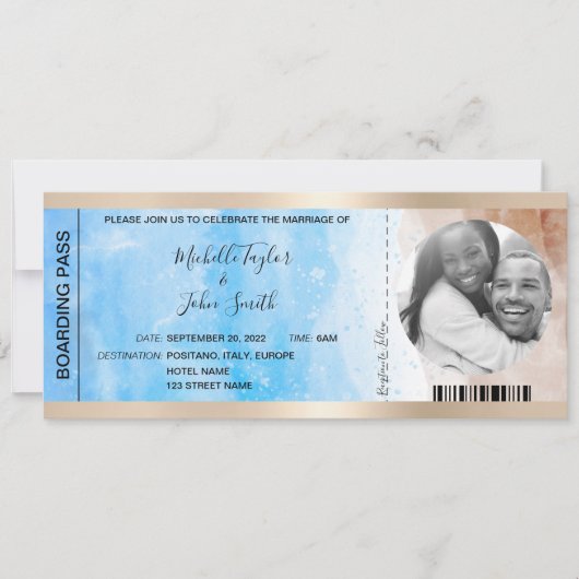 Hochzeit in Urlaubsort Boarding Pass Beach Ocean I Einladung (Vorderseite)