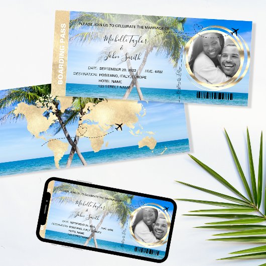 Hochzeit in Urlaubsort Boarding Pass Beach Ocean I Einladung