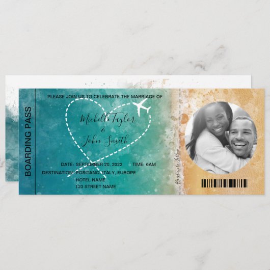 Hochzeit in Urlaubsort Boarding Pass Beach Ocean I Einladung (Vorne/Hinten)