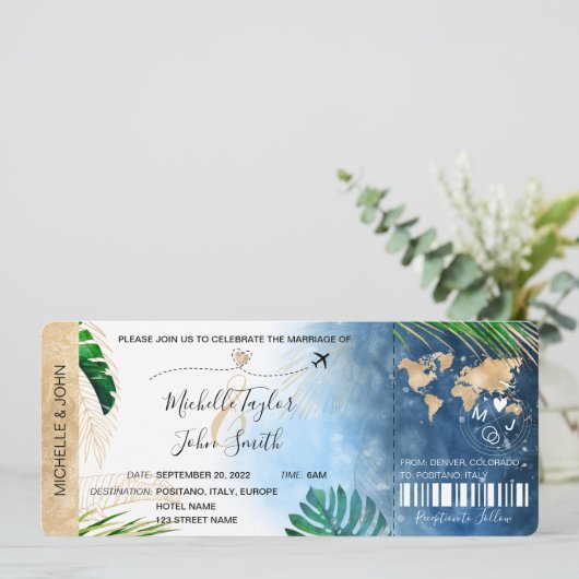 Hochzeit in Urlaubsort Boarding Pass Flugzeug Beac Einladung (Stehend Vorderseite)