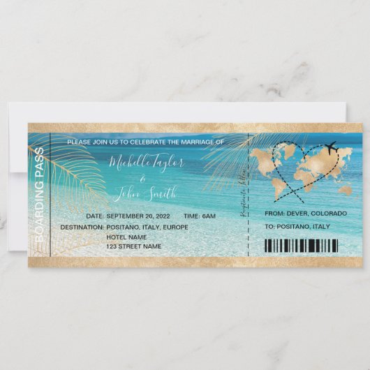 Hochzeit in Urlaubsort Boarding Pass Flugzeug Icon Einladung (Vorderseite)