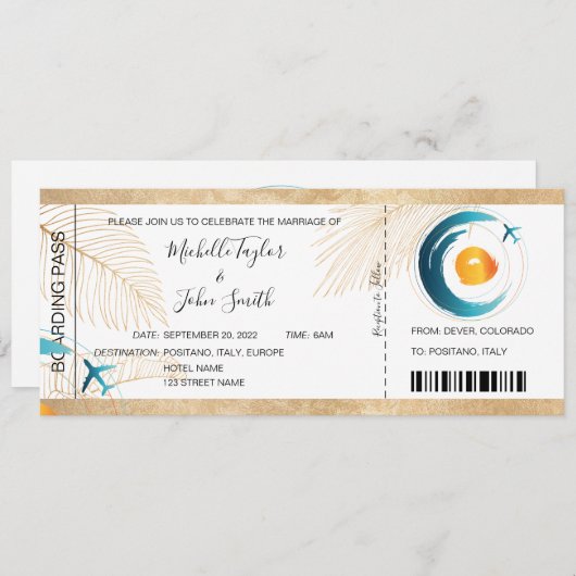 Hochzeit in Urlaubsort Boarding Pass Flugzeug Icon Einladung (Vorne/Hinten)
