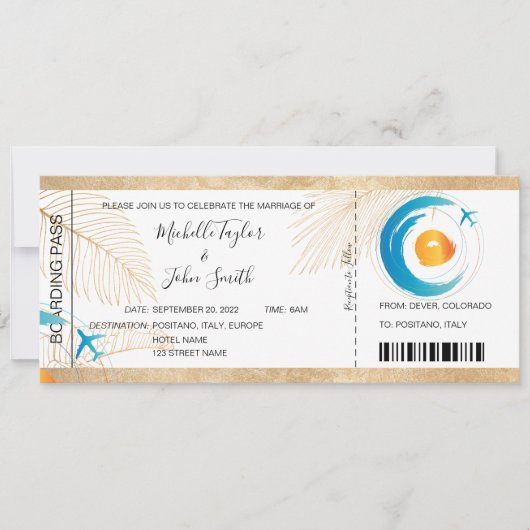 Hochzeit in Urlaubsort Boarding Pass Flugzeug Icon Einladung (Vorderseite)