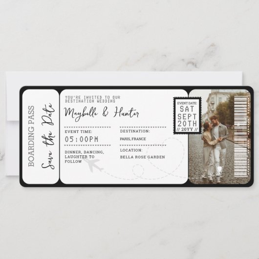 Hochzeit in Urlaubsort Boarding Pass Flugzeug Tick Einladung (Vorderseite)