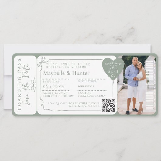 Hochzeit in Urlaubsort Boarding Pass Flugzeug Tick Einladung (Vorderseite)