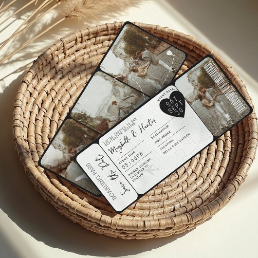 Hochzeit in Urlaubsort Boarding Pass Flugzeug Tick Einladung