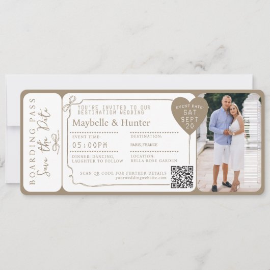 Hochzeit in Urlaubsort Boarding Pass Flugzeug Tick Einladung (Vorderseite)