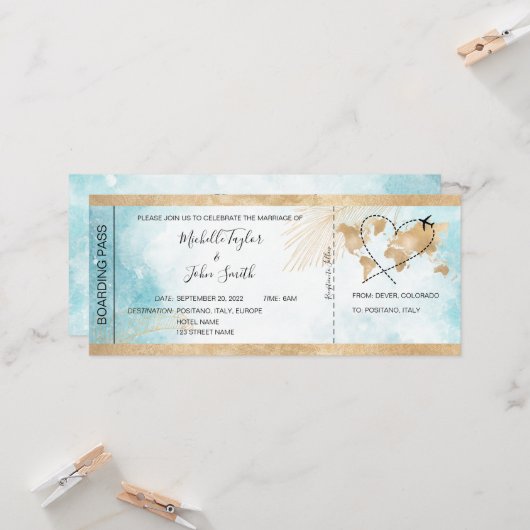 Hochzeit in Urlaubsort Boarding Pass Flugzeug Trop Einladung (Vorderseite/Rückseite Beispiel)