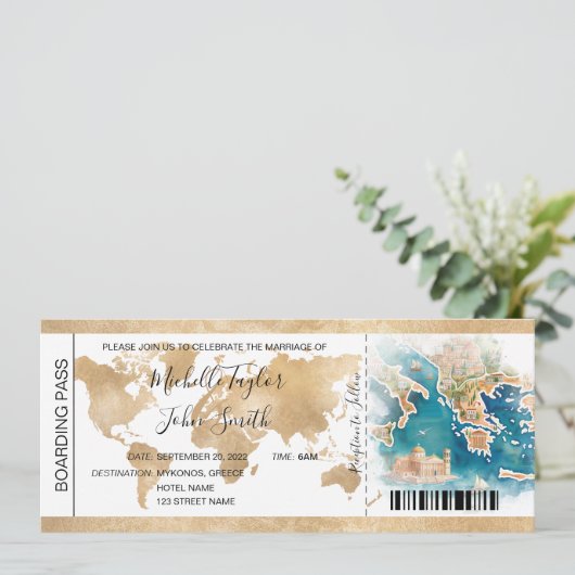 Hochzeit in Urlaubsort Boarding Pass Griechenland Einladung (Stehend Vorderseite)
